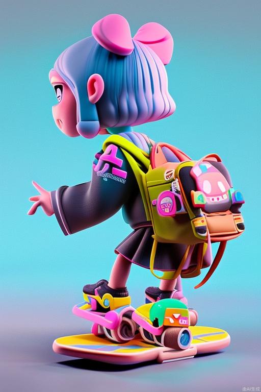 3D Toys, ip, Cyberpunk style, cute little girl, laser textured clothes, simple background, three views, namely the front view, the side view and the back view, best quality, c4d, Blender, 3D models, toys, vivid colors, street style, high resolution, lots of details, Pixar, Candy colors, skateboard shoes Big shoes, Fashion trends, Art --ar 16:9 --q 2 --niji 5 --s 750