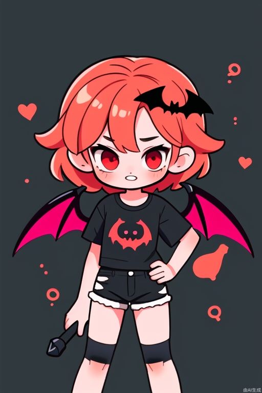 Q version of the little vampire girl, red eyes, long teeth, wearing a black T-shirt, black shorts, behind a pair of bat wings