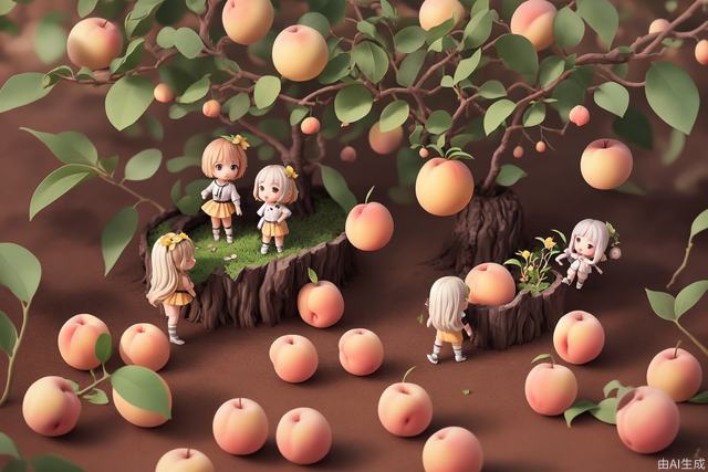 Creative poster, about the arrival of spring, mini world, under a lemon tree, several large peaches and lemons fall to the ground, surrounded by many small people working, studio lighting, vertical shaft shooting, 8k, high-quality, ultra-fine fragments