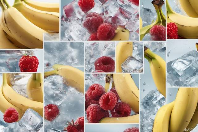 A few photos of banana chunks and water, ice cubes, light transparent texture style, interesting complexity, berry punk, gorgeous colors, 32k, original style