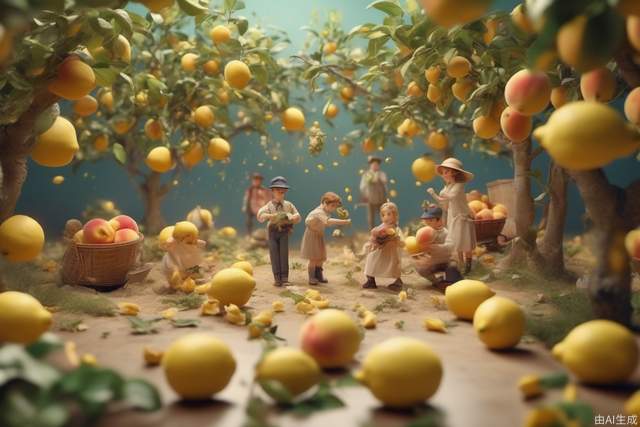 Creative poster, about the arrival of spring, mini world, under a lemon tree, several large peaches and lemons fall to the ground, surrounded by many small people working, studio lighting, vertical shaft shooting, 8k, high-quality, ultra-fine fragments