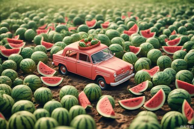 A car loaded with watermelons drives through a watermelon field. Highlighting the subject,the scene features miniature figures dressed as farmers from who are loading and unloading watermelons. This work was shot with a Canon camera. This piece demonstrates high definition photography techniques,sunlight,and warm colors for a poster campaign.Bright colors,bold color schemes,miniature landscapes with the sky as the background,and dreamy realism style scenes are all rendered using wide-angle lenses and depth of field,creating a paper art illustration style with axial shift photography effects and ultra clear details. The colors are bright,the color scheme is bold --ar 3:4