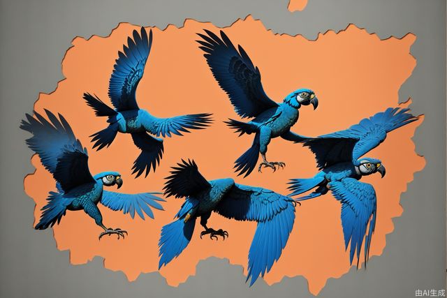 Hyacinth macaw flying, in the style of graphic design poster art, paper sculptures, light peach fuzz, pastoral scenes, simplified shapes, soft-edged, spectacular backdrops