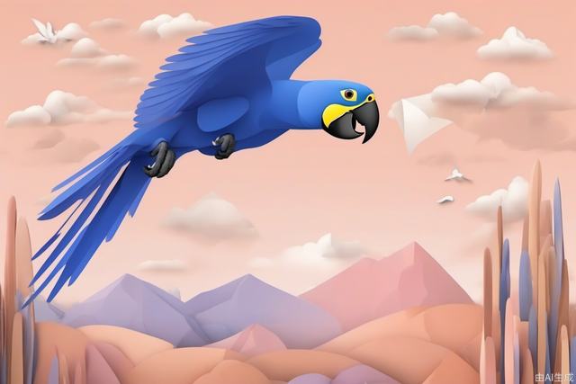 Hyacinth macaw flying, in the style of graphic design poster art, paper sculptures, light peach fuzz, pastoral scenes, simplified shapes, soft-edged, spectacular backdrops