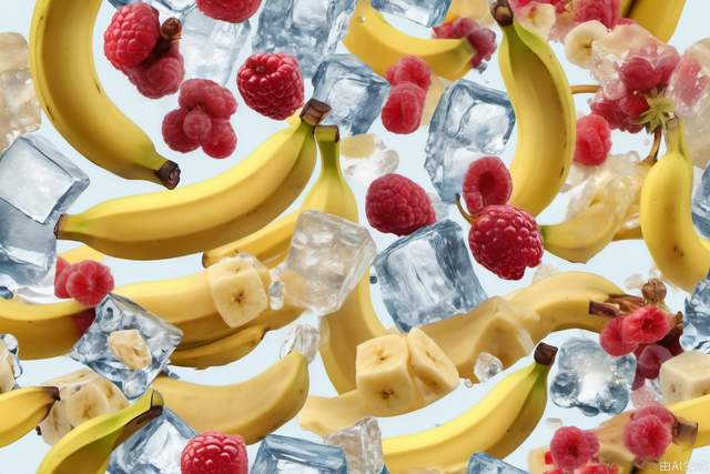 A few photos of banana chunks and water, ice cubes, light transparent texture style, interesting complexity, berry punk, gorgeous colors, 32k, original style