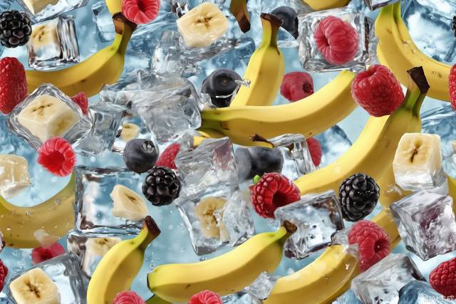 A few photos of banana chunks and water, ice cubes, light transparent texture style, interesting complexity, berry punk, gorgeous colors, 32k, original style, stylized 250