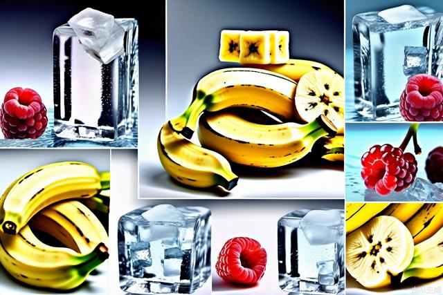 A few photos of banana chunks and water, ice cubes, light transparent texture style, interesting complexity, berry punk, gorgeous colors, 32k, original style, stylized 250--ar 3:4