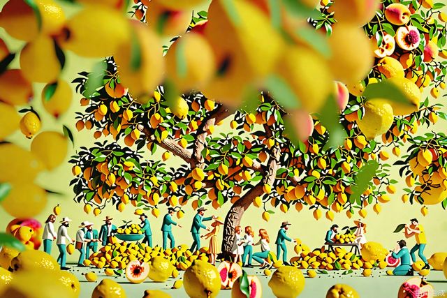 Creative poster, about the arrival of spring, mini world, under a lemon tree, several large peaches and lemons fall to the ground, surrounded by many small people working, studio lighting, vertical shaft shooting, 8k, high-quality, ultra-fine fragments