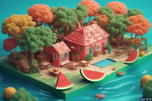 Watermelon House floating on the sea 3D illustration, 3D miniature scene, summer, countryside, tiled houses and small shops, under big trees, neatly displayed goods, children are eating watermelon , happily chatting and laughing. Bright colors, bold color schemes, miniature landscapes with the sky as the background, and dreamy realism style scenes are all rendered using wide-angle lenses and depth of field, creating a paper art illustration style with axial shift photography effects and ultra clear details. The colors are bright, the color scheme is bold