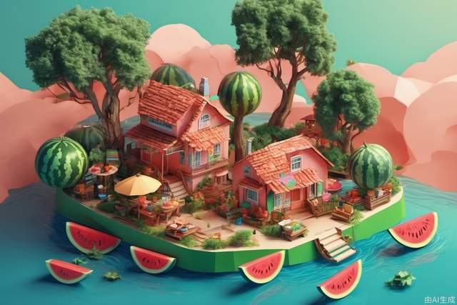 Watermelon House floating on the sea 3D illustration, 3D miniature scene, summer, countryside, tiled houses and small shops, under big trees, neatly displayed goods, children are eating watermelon , happily chatting and laughing. Bright colors, bold color schemes, miniature landscapes with the sky as the background, and dreamy realism style scenes are all rendered using wide-angle lenses and depth of field, creating a paper art illustration style with axial shift photography effects and ultra clear details. The colors are bright, the color scheme is bold