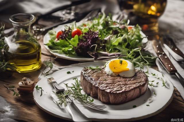 A wooden board with grilled steak and salad was placed on the table. Next to it was an elegant plate of white porcelain. In front, there was a golden knife and fork. On one side, an olive oil glass jar was full. Behind, some herbs could be seen. The photo was taken at eye level in the style of professional photography with studio lighting, high resolution, high detail, and a cinematic style using a Canon R5 camera.