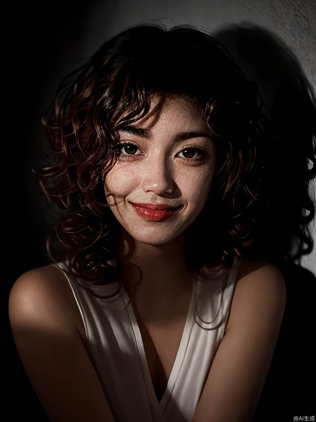 1girl,smirk,curly hair,in the dark,shadow,