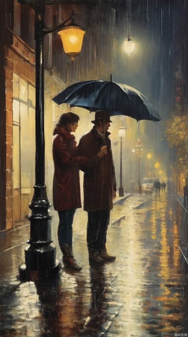 The street is brightly lit at night, a couple face to face in the heavy rain holds an umbrella, and a passerby or two looks back at them