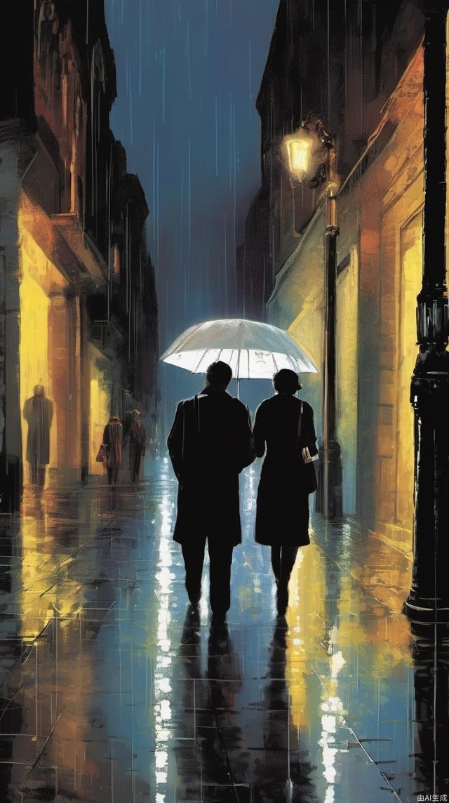 The street is brightly lit at night, a couple face to face in the heavy rain holds an umbrella, and a passerby or two looks back at them