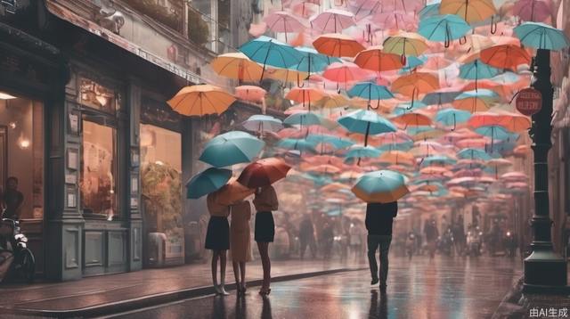 On a dreamy street, people are holding up umbrellas