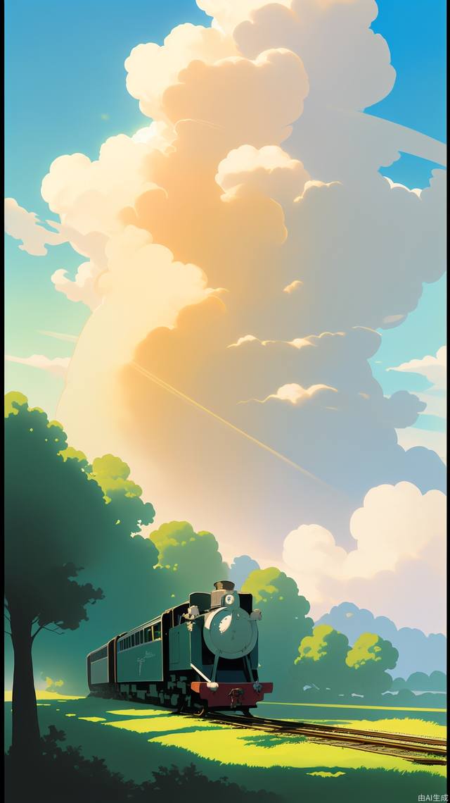 (masterpiece, best quality:1.2),sunlight,ghibli,wide angle,backlighting,fairy tales,hayao miyazaki,fantasy,unmanned,outdoor,lovely,landscape,  clouds
, train,