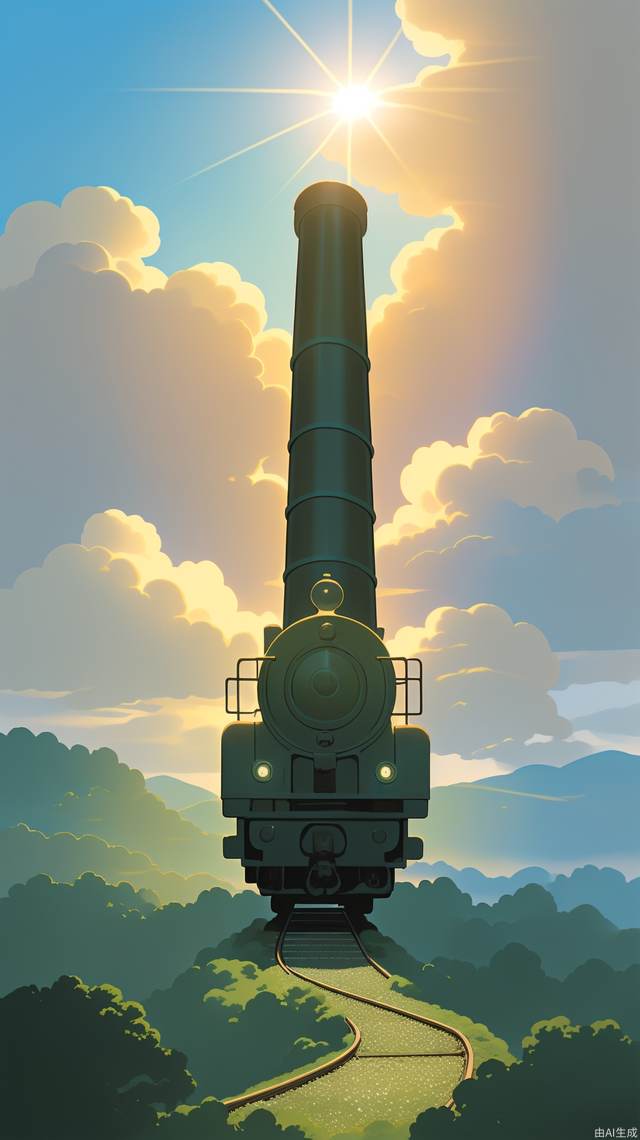 (masterpiece, best quality:1.2),sunlight,ghibli,wide angle,backlighting,fairy tales,hayao miyazaki,fantasy,unmanned,outdoor,lovely,landscape,  clouds
, train,