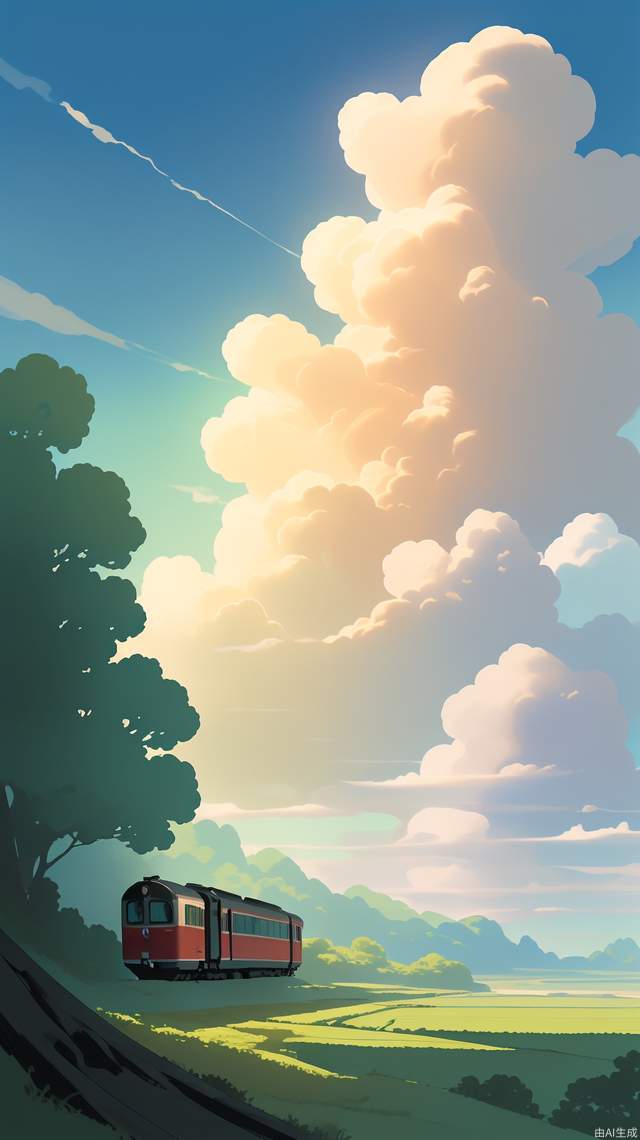 (masterpiece, best quality:1.2),sunlight,ghibli,wide angle,backlighting,fairy tales,hayao miyazaki,fantasy,unmanned,outdoor,lovely,landscape,  clouds
, train,