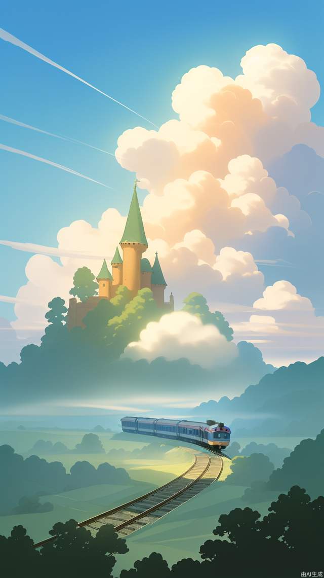 (masterpiece, best quality:1.2),sunlight,ghibli,wide angle,backlighting,fairy tales,hayao miyazaki,fantasy,unmanned,outdoor,lovely,landscape,  clouds
, train,