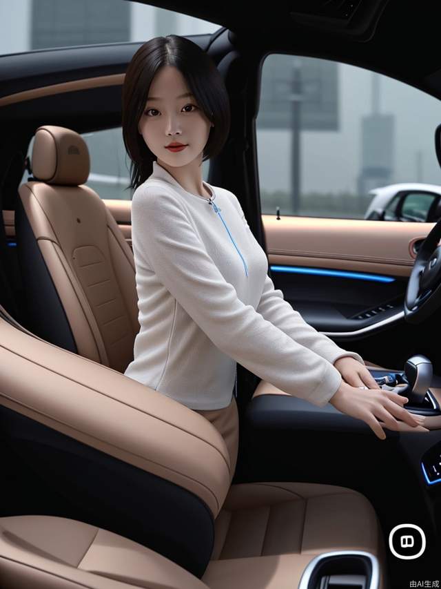 A beautiful woman in a Xiaomi car