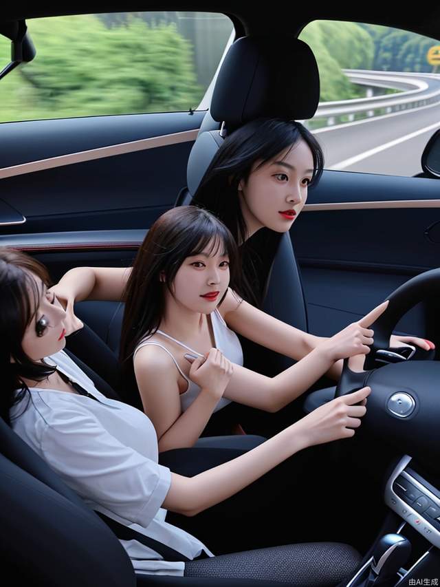 A beautiful woman in a Xiaomi car, driving on the highway