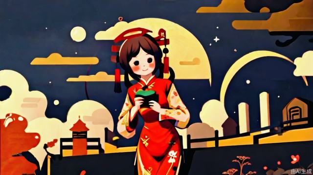 1girl,chinese cheongsam,with a mooncake in his hand,