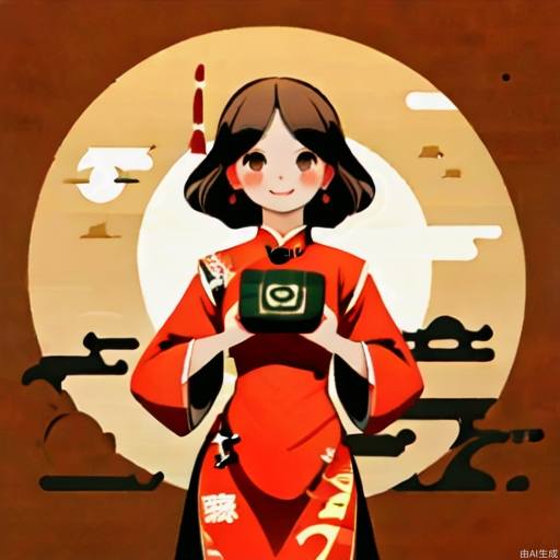 1个女孩，中国旗袍，手里拿着月饼