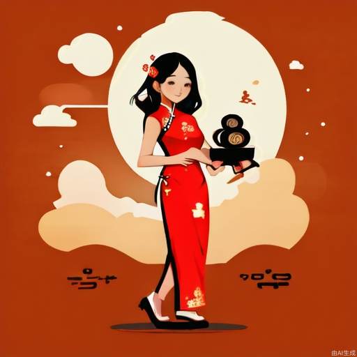 1girl,chinese cheongsam,with a mooncake in his hand,