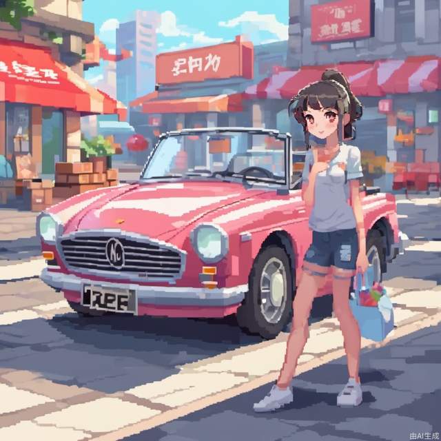 Cartoon characters, cartoon illustration style, shopping, smile (rz), Q flick hair, high definition, car illustration, fresh colors, details, finger details, high details, facial details, full body,