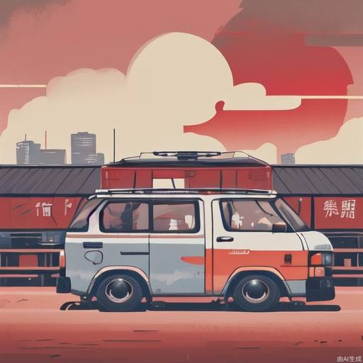 Ground Vehicle, Unmanned, Motor Vehicle, Cloud, Car, Outdoor, Sky, Vehicle Focus, Truck, Shadow, Building, Red Sky, Cloudy Sky, 2D
