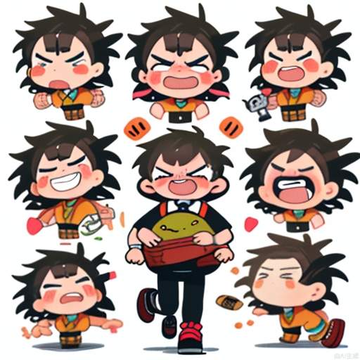 Lines, emoticons, crying brat, angry brat, confused brat, surprised brat, smiling brat, running brat, dozing brat, brick carrying brat, learning brat.