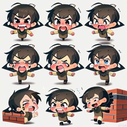 Lines, emoticons, crying brat, angry brat, confused brat, surprised brat, smiling brat, running brat, dozing brat, brick carrying brat, learning brat.