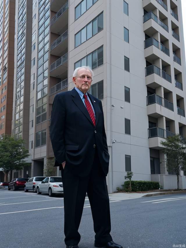 An old American man in business attire stands in front of an apartment building he owns