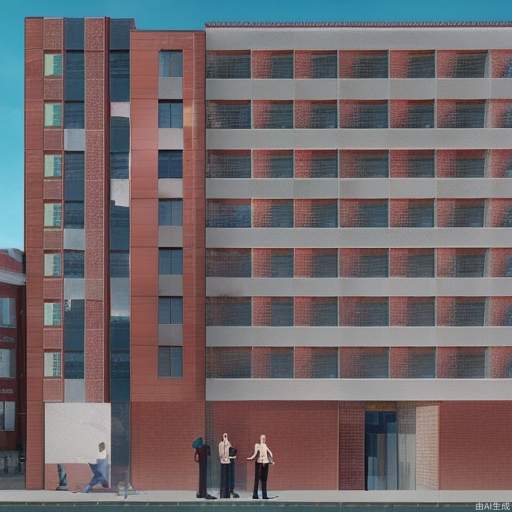 Added horizontal lines, nursing home facade, heavy feeling, red brick color