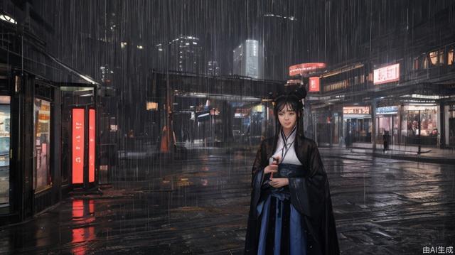 Chinese architecture, night after rain, bright lights, Hanfu beautiful woman