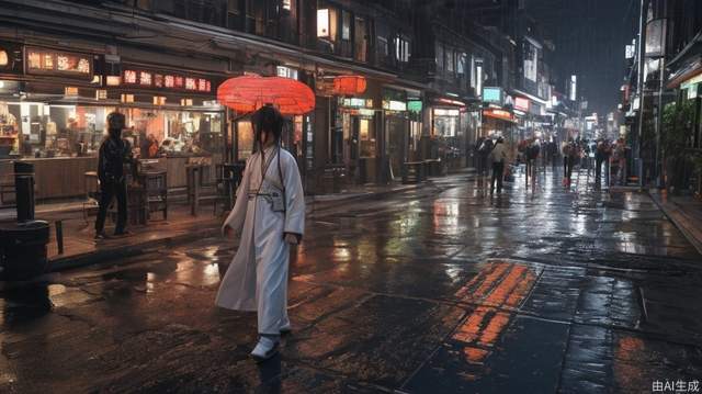 On a rainy Chinese-style building street, a man wearing Ming-style Hanfu and holding a Tang Hengdao walked towards him. The lights on the street were dim, and the rain on the road reflected his figure.