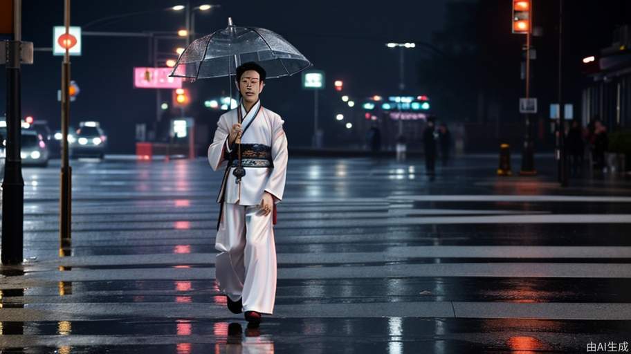 雨天的街道上，一个身穿明式汉服，头戴唐横