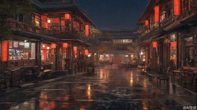 Chinese style architecture, the night after rain, dazzling lights, Hanfu beauties