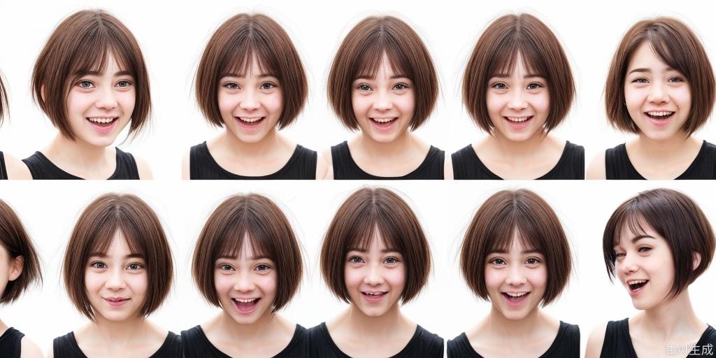 6种不同表情的短发女孩