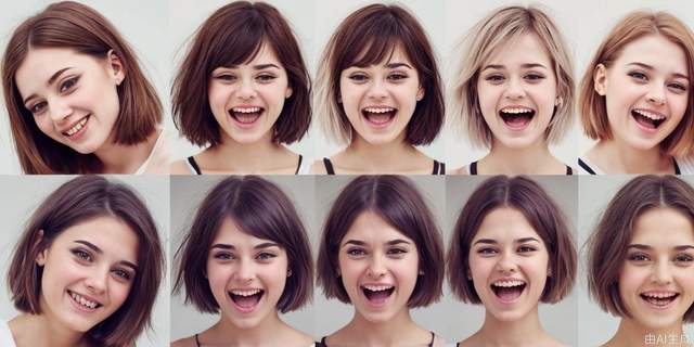 Girls with short hair with 6 different expressions (sad, angry, ignoring, smiling, happy, laughing)