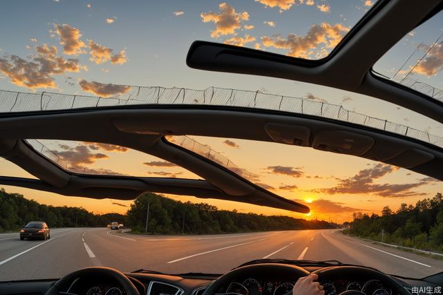 Driving on the highway watching the sunset