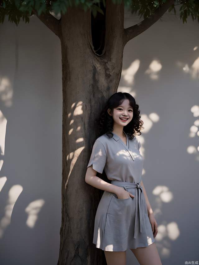 1 girl, smiling, Chinese style Republic of China wavy curly hair, in tree shadow, standing posture, cinematic tone, large aperture