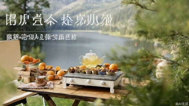 Lakeside camping table with oranges, apples, teacups, lake and alpine trees in the distance