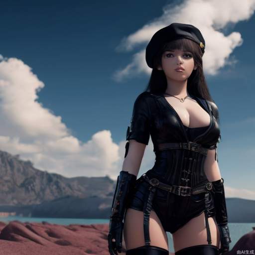 Official art, unified 8k wallpaper, ultra detailed, best quality, natural light, (masterpiece: 1.2), 1girl，sky, cleavage dress, beret, hands_on_hips, ultra fine, epic scenes,panorama, illusion engine 5 rendering, dream style, (masterpiece), (best quality), masterpiece, best quality, masterpiece, best quality, official art, extremely detailed CG unity 8k wallpaper, wallpaper, original,