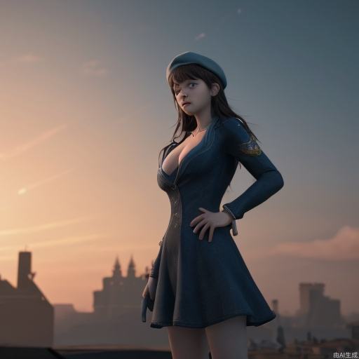 Official art, unified 8k wallpaper, ultra detailed, best quality, natural light, (masterpiece: 1.2), 1girl，sky, cleavage dress, beret, hands_on_hips, ultra fine, epic scenes,panorama, illusion engine 5 rendering, dream style, (masterpiece), (best quality), masterpiece, best quality, masterpiece, best quality, official art, extremely detailed CG unity 8k wallpaper, wallpaper, original,