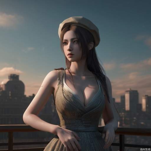 Official art, unified 8k wallpaper, ultra detailed, best quality, natural light, (masterpiece: 1.2), 1girl，sky, cleavage dress, beret, hands_on_hips, ultra fine, epic scenes,panorama, illusion engine 5 rendering, dream style, (masterpiece), (best quality), masterpiece, best quality, masterpiece, best quality, official art, extremely detailed CG unity 8k wallpaper, wallpaper, original,