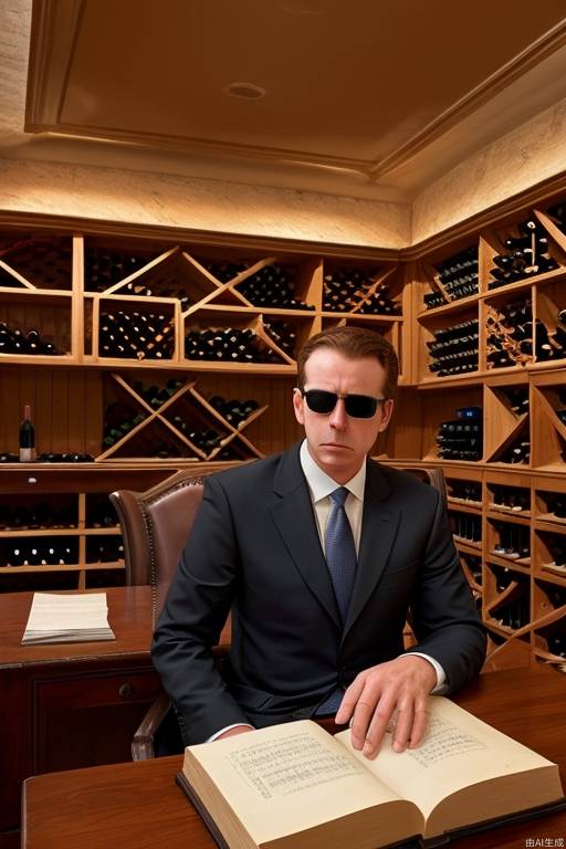 A wine cellar with beams of light in the upper left corner and three walls of wine cabinets. A man, wearing a suit and sunglasses, sat at a classical desk with a book in his hand, thinking seriously.