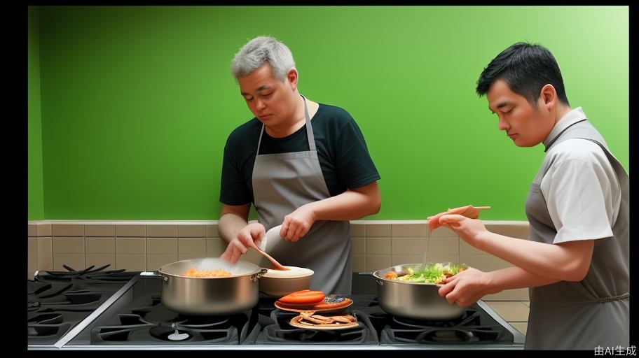 绿色背景，男性成年人，在炉子前做饭，面对