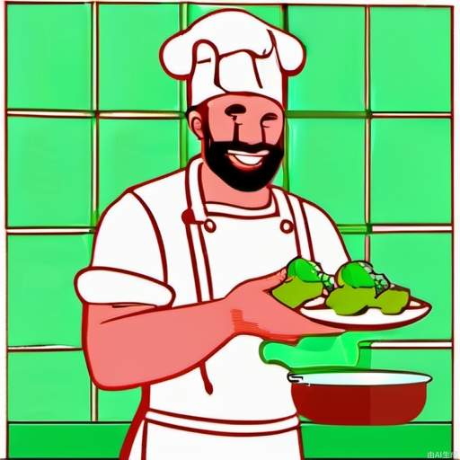 绿色背景，成年男性，烹饪