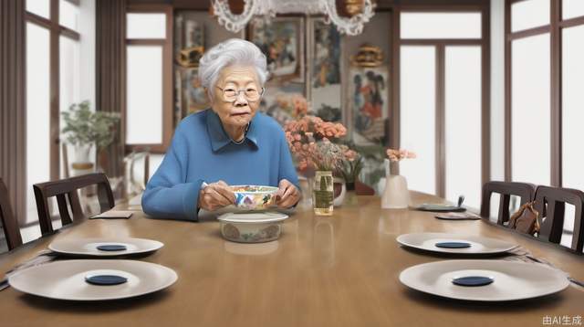 Grandma, dining table, modern, single, Chinese, close-up